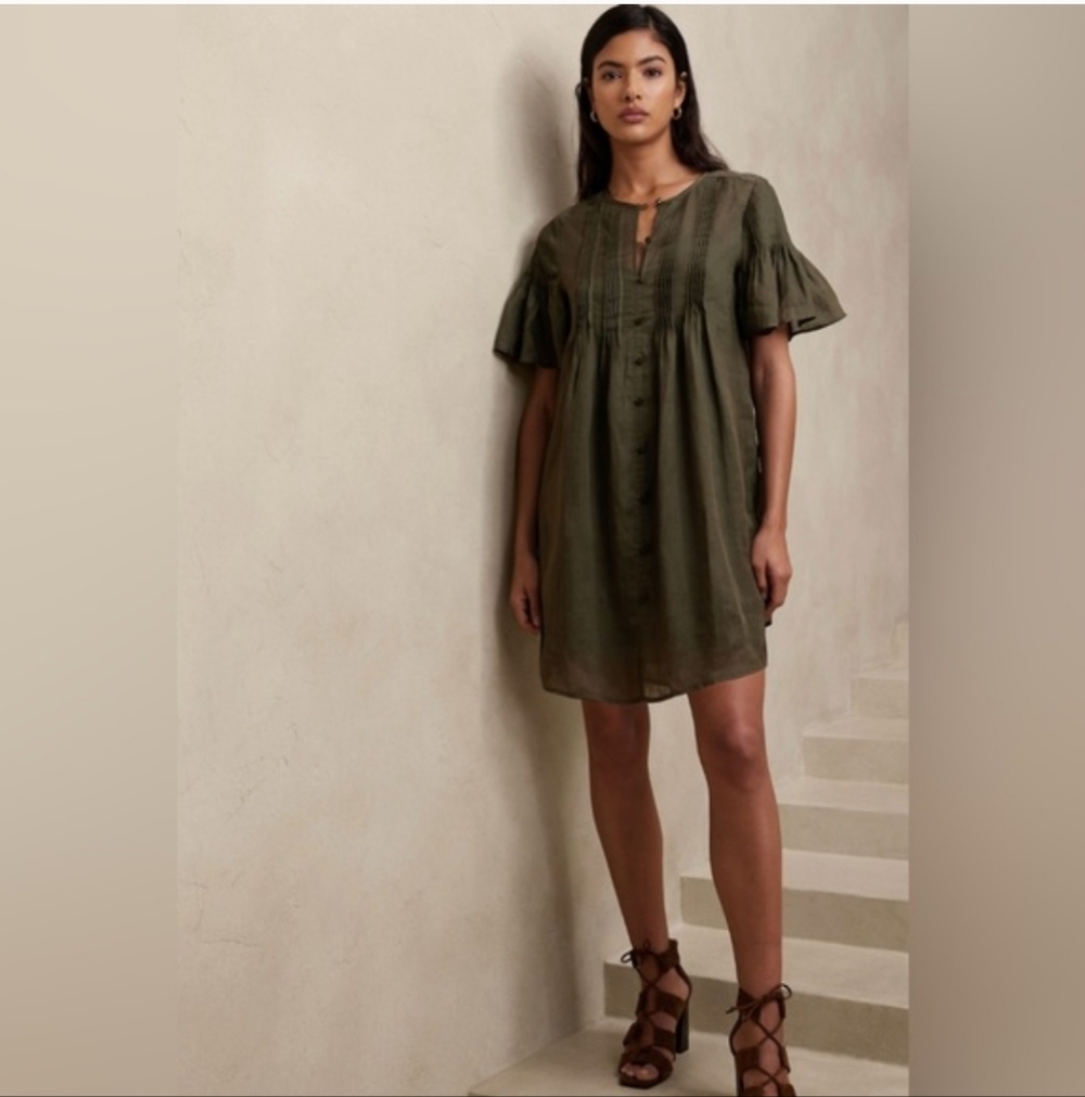Banana Republic Ramie Pintuck Dress Dark Olive Green Size XS